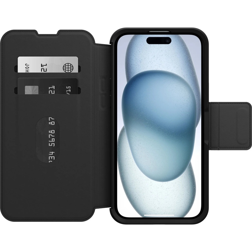 840304739233 OtterBox Strada MagSafe Apple iPhone 15 Plus (6.7") Case Shadow (Black) - (77-93564), DROP+ 3X Military Standard,Leather Folio Cover,,7 Years Warranty