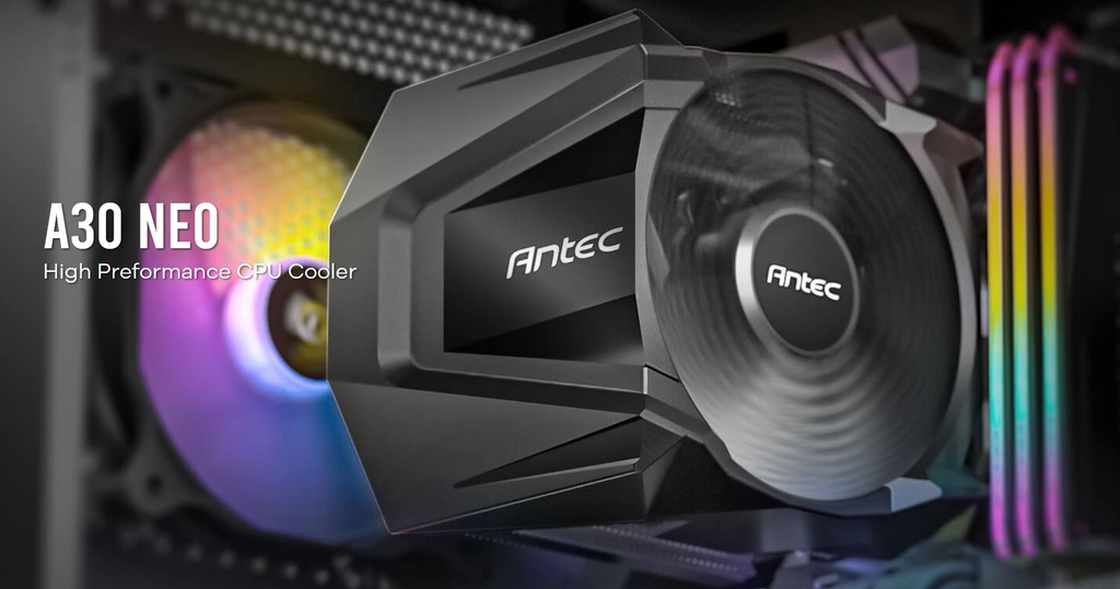 761345752961 Antec A30 NEO CPU Air Cooler with 800 - 2000 RPM. 43.82 CFM max,  23.2 dB(A) 4 pin PWM. Performance CPU Cooler. TDP 125w. Intel AMD