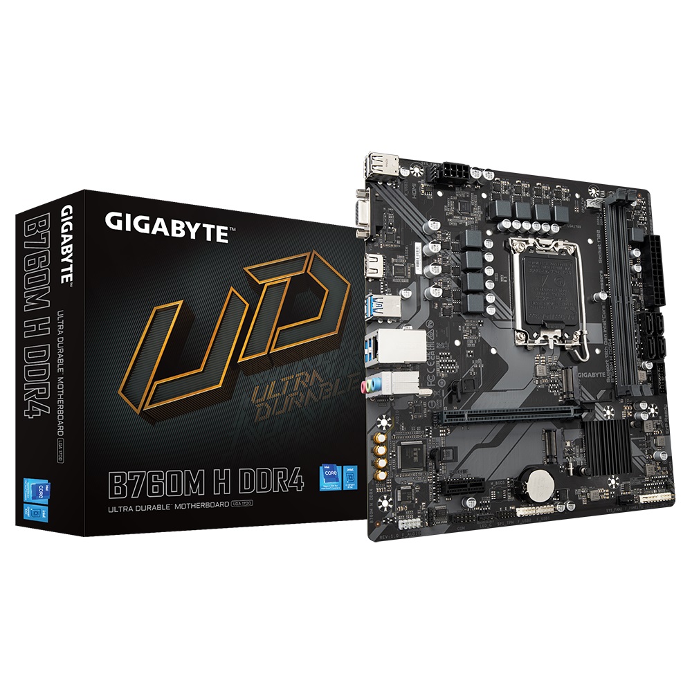 [4719331854645] Gigabyte B760M H DDR4 Intel LGA 1700 m-ATX Motherboard, 2x DDR4 ~64GB, 1x PCI-E x16, 2x M.2, 4x SATA, 3x USB 3.2, 2x USB 2.0,