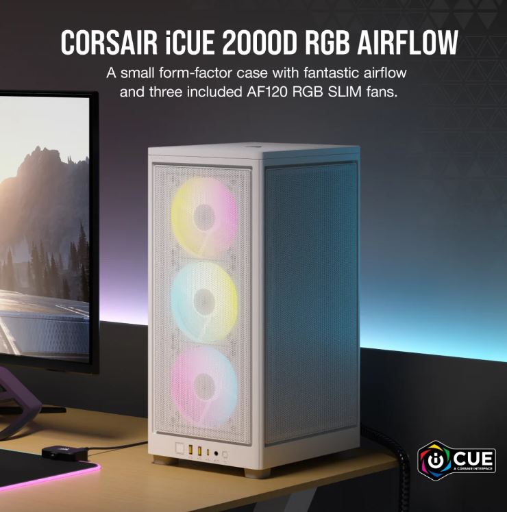 840006698753 Corsair iCUE 2000D RGB AIRFLOW, Mesh Panels, USB-C, ICUE, 3x AF120 RGB Slim Fans, Mini ITX Tower - White. Case