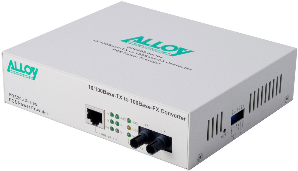 [NHA-POE200ST] Alloy POE200ST 10/100Base-TX to 100Base-FX Multimode Fibre (ST) Converter, provides PoE power (RJ-45). 2km