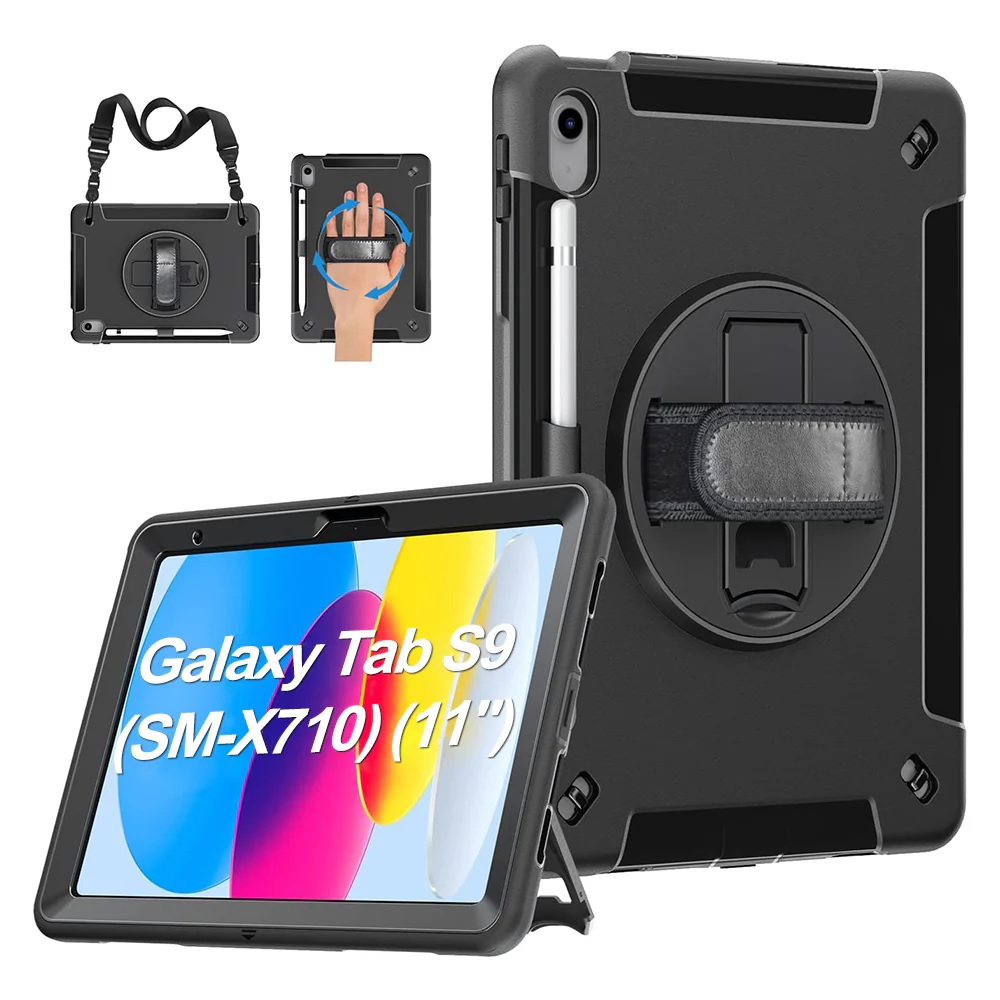 6976552042956 Generic Rugged Samsung Galaxy Tab S9 (11") / Tab S9 FE (10.9") Case Black - Built-in-Kickstand,Adjustable Hand Strap, Pen Holder