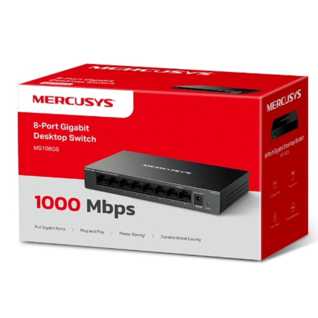 6957939001339 Mercusys MS108GS 8-Port Gigabit Desktop Switch, 8×10/100/1000 Mbps RJ45 port Supporting Auto-MDI/MDIX