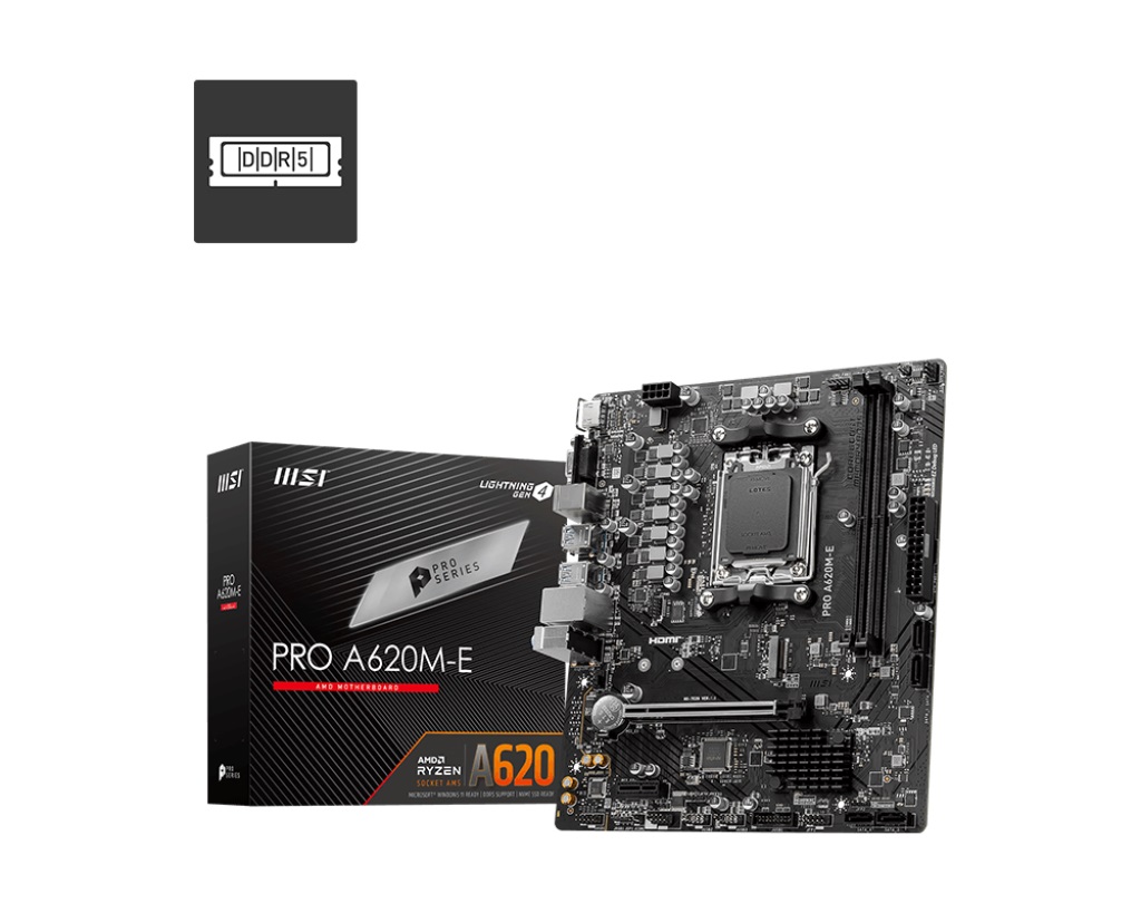 4711377093804 MSI PRO A620M-E AM5 mATX MB 2xDDR5 1xPCIE 16 1 PCI-E 1 1xM.2 4xSATA 4xUSB 3.2 2xUSB 2.0
