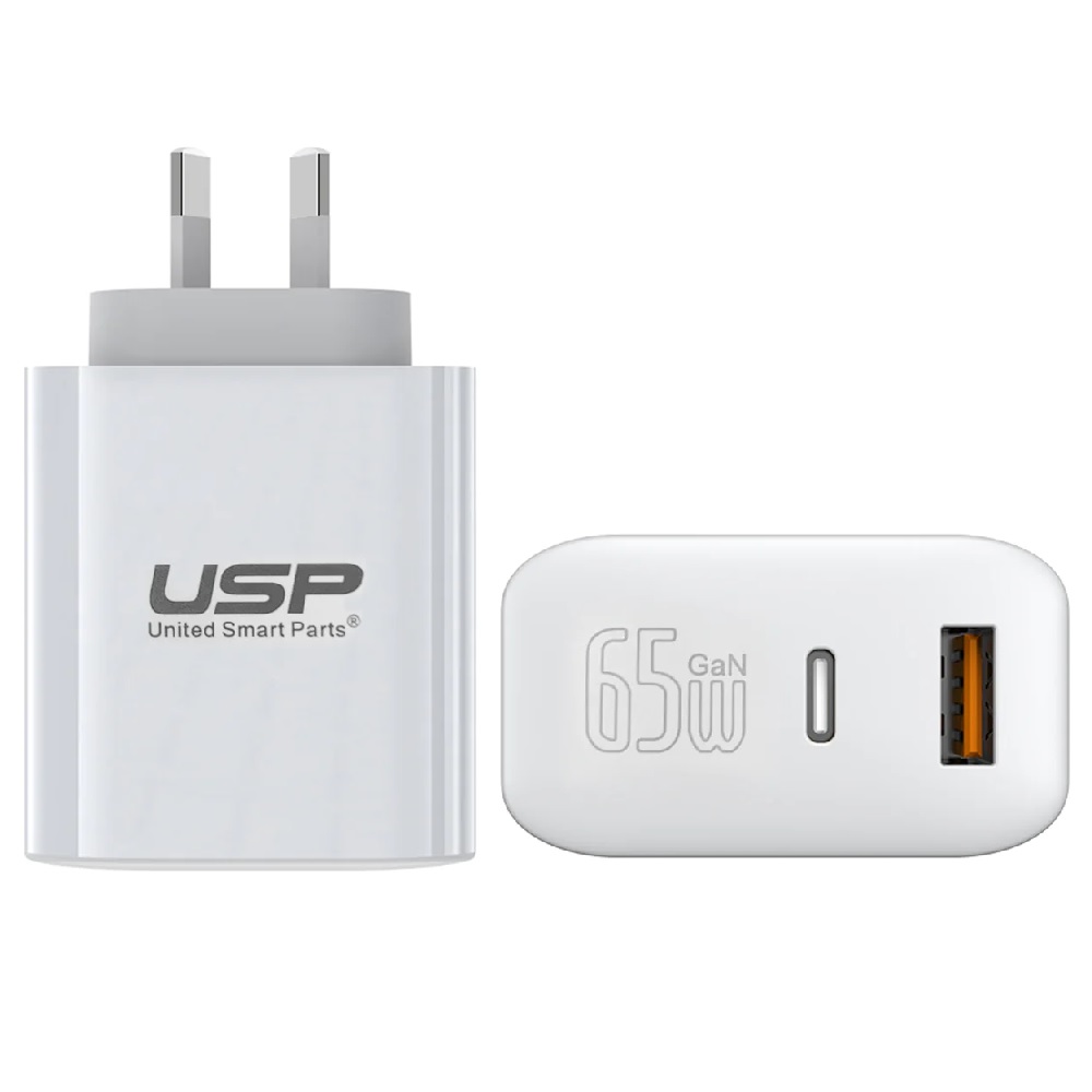 6972890207996 USP Dual Port PD 65W GaN Fast Wall Charger USB-C + USB-A for Phone Laptop, Intelligent,Travel Ready,PPS Technology