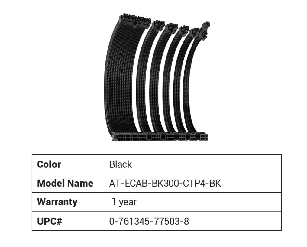 [0-761345-77503-8] Antec CIP4 Cable Kit Black - 6 Pack, 24ATX, 4+4 EPS, 16AWG Thicker, High Performance 300mm long Length. Premium Sleeved  Universal