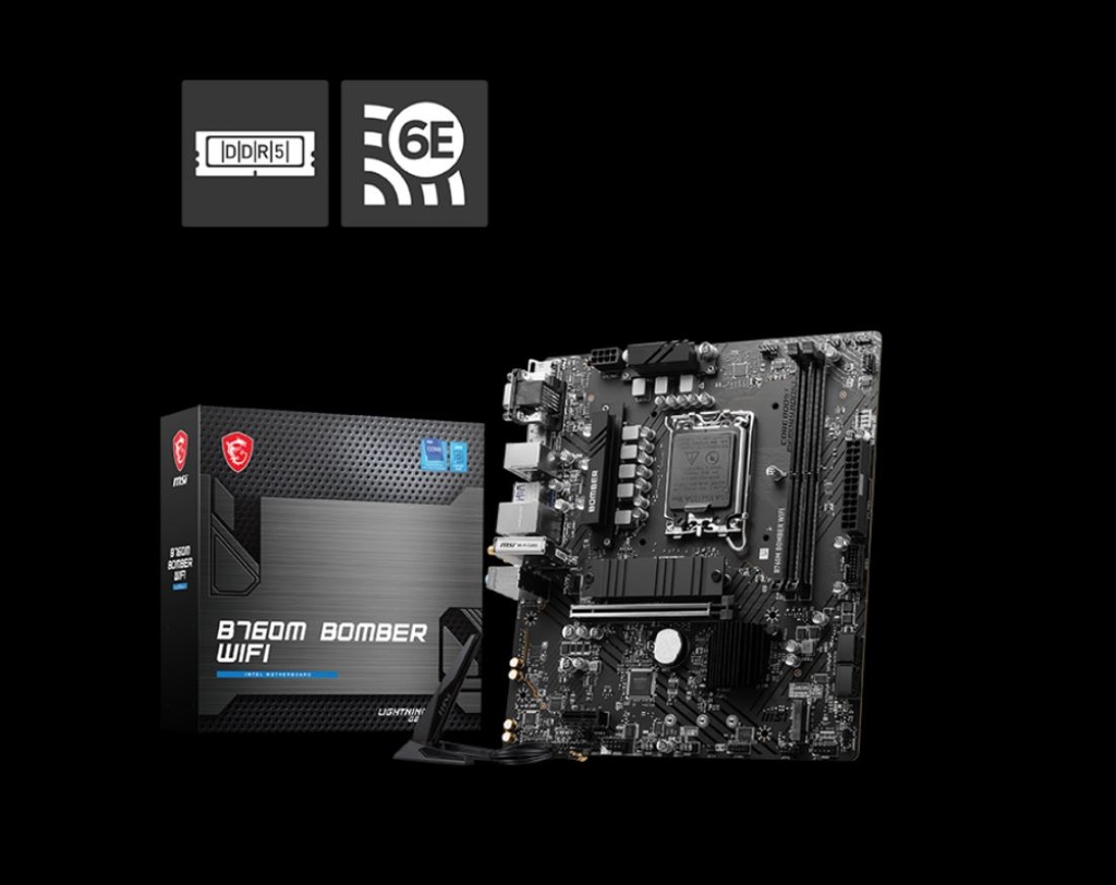 4711377092685 MSI PRO B760M BOMBER WIFI  mATX Motherboard, 4x DDR5~128GB, 2x PCI-E x 16, 1x PCI-E x 1, 2x M.2, 4x SATA, 4x USB 3.2 , 2x USB 2.09