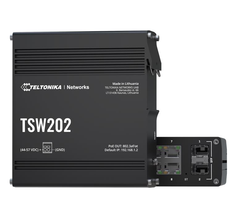 4779051840281 Teltonika TSW202 Managed PoE+ Ethernet Switch, Supports Profinet, 2 SFP Ports, 8 Gigabit Ethernet Ports Providing 30W of Power Each, PSU excluded