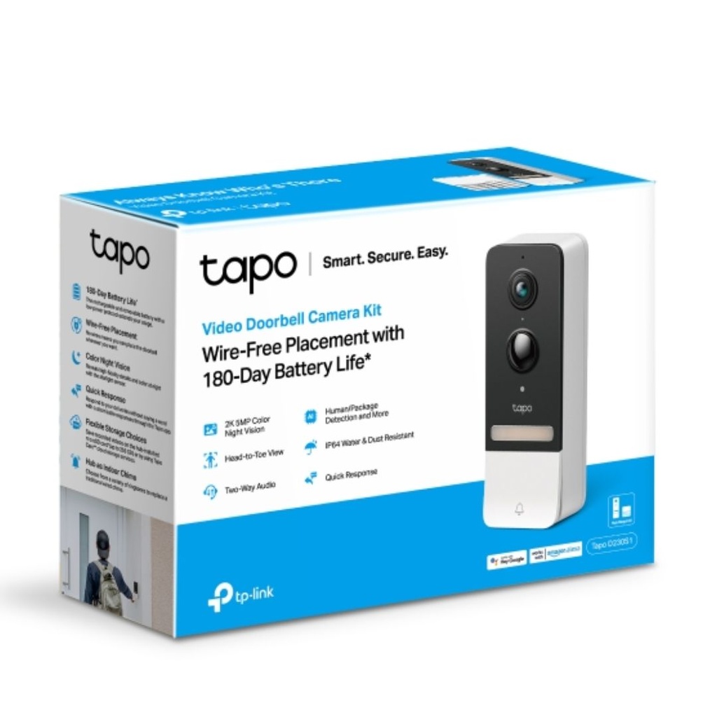 4897098685686 TP-Link Tapo D230S1 Smart Battery Video Doorbell, 2K 5MP Live View, Colour Night Vision, Water  Dust Resistant IP64