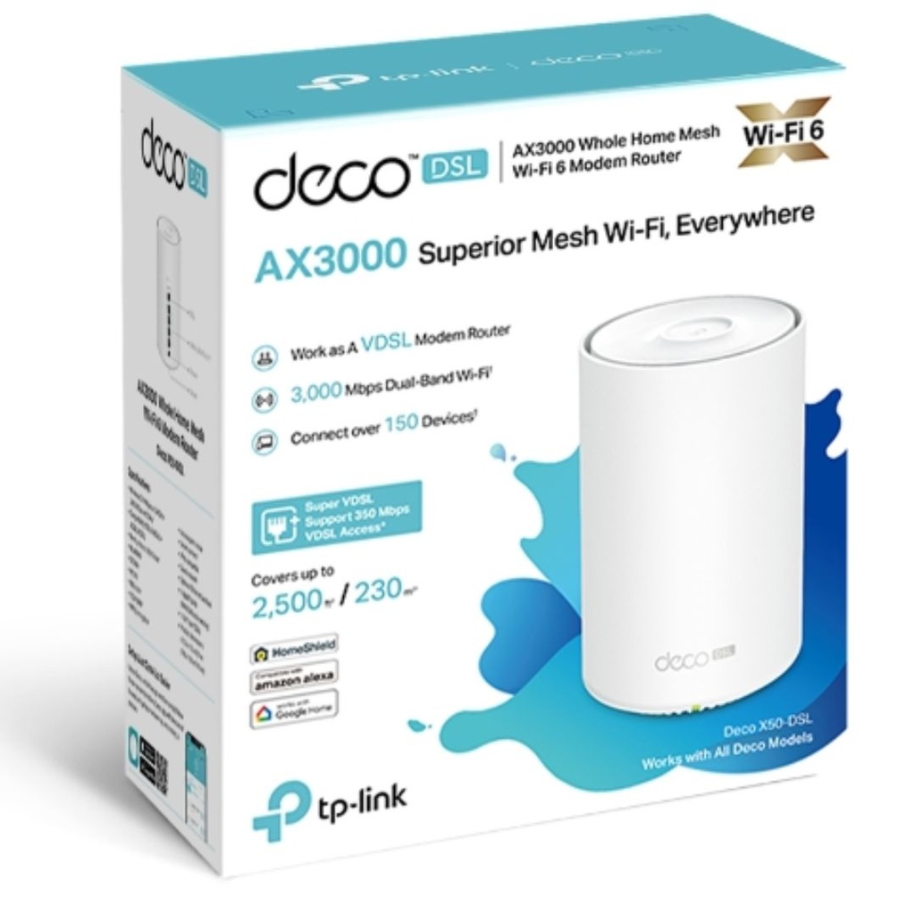 4897098687864 TP-Link Deco X50-DSL(1-pack) AX3000 VDSL Whole Home Mesh WiFi 6 Router, 574 Mbps at 2.4 GHz + 2402 Mbps at 5 GHz, VDSL Profile 35b 350/60 Mbps