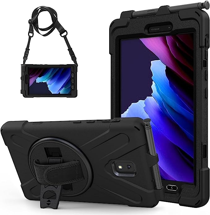 hdta5 Generic Rugged Samsung Galaxy Tab Active5 / Tab Active3 (8") Case Black - Built-in-Kickstand, Adjustable Hand Strap, Pen Holder, DropProof