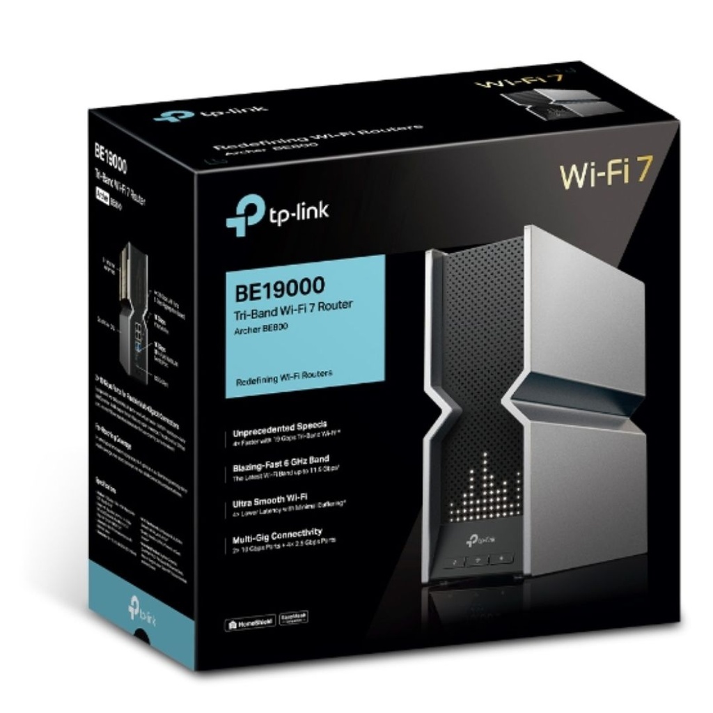 4895252502183 TP-Link Archer BE800 BE19000 Tri-Band Wi-Fi 7 Router (WIFI7) 1376 Mbps at 2.4 GHz + 5760 Mbps at 5 GHz + 11520 Mbps at 6 GHz, 8× Internal Antennas, Qu