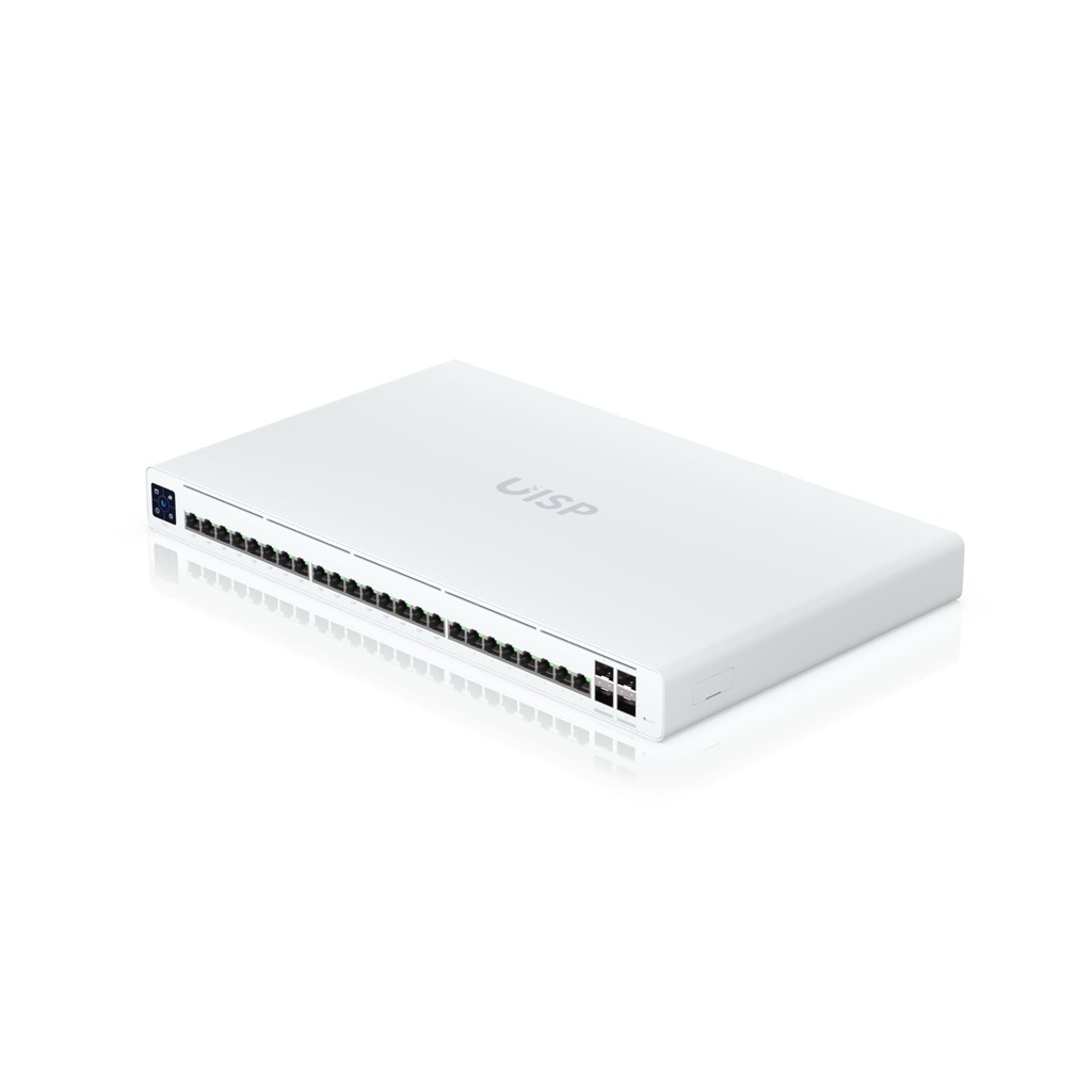 810010074386 Ubiquiti UISP Switch Professional, 24 GbE RJ45 ports, 16 with 27V Passive PoE Output,  4 10G SFP+ ports, Color Touchscreen, 2Yr Warr