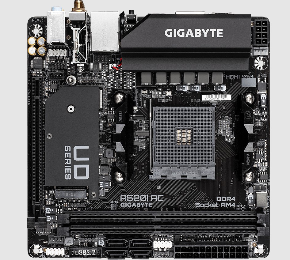 [889523023785] Gigabyte A520I AC 1.4 AMD Mini-ITX MB 2xDDR4 1xM.2 PCIE3.0 1xDP 2xHDMI  802.11ac WIFI RGB Fusion
