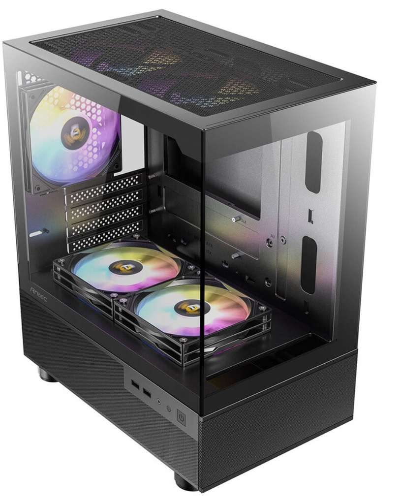[761345100243] Antec CX200M RGB Elite, mATX, 270 degrees view, USB 3.0 x 2, Audio I/O Bottom. Mesh front and bottom. Clear Glass View, 5x RGB Fans.  Gaming Case