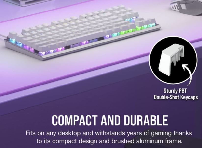 840006696353 Corsair K60 PRO TKL RGB Compact Tenkeyless Optical-Mechanical Gaming Keyboard- White, USB-C Fast Setup, Fast Input. PBT Doubleshot KeyCaps