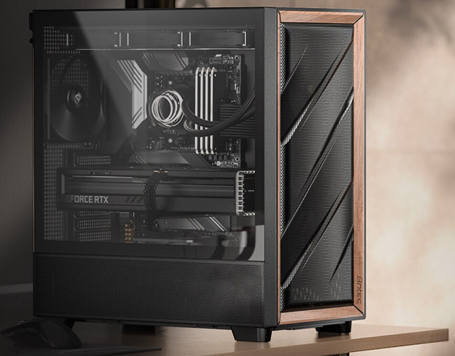 [761345101332] Antec Flux ATX, Black Premium Walnut Trim, 5x Black PWM Performance Fans. Ultra Cooling Design, ARGB Controller, Mid Tower Case