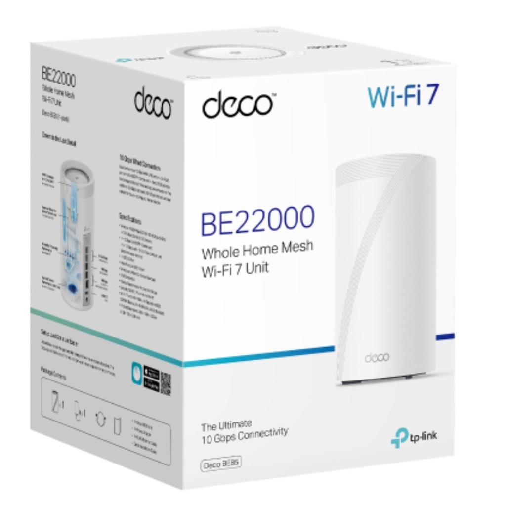 4897098686942 TP-Link Deco BE85(1-pack) BE22000 Tri-Band Whole Home Mesh Wi-Fi 7 System (WIFI7), 1376 Mbps at 2.4 GHz + 8640 Mbps at 5 GHz + 11520 Mbps at 6 GHz