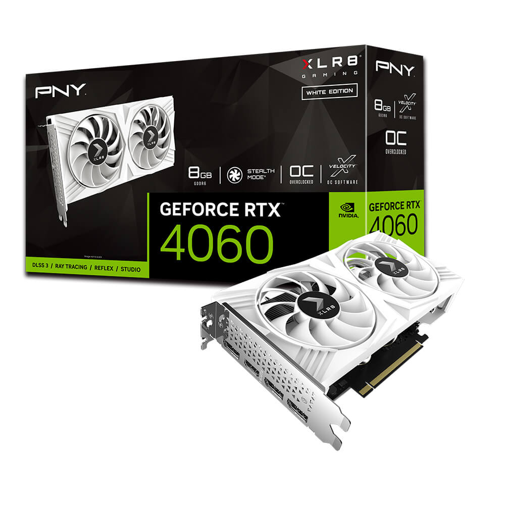4718006456153 PNY GeForce RTX™ 4060 8GB OC XLR8 VERTO DF White Edition /Clock Speed 1830MHz /Boost Speed 2475MHz/ Memory Size 8GB GDDR6
