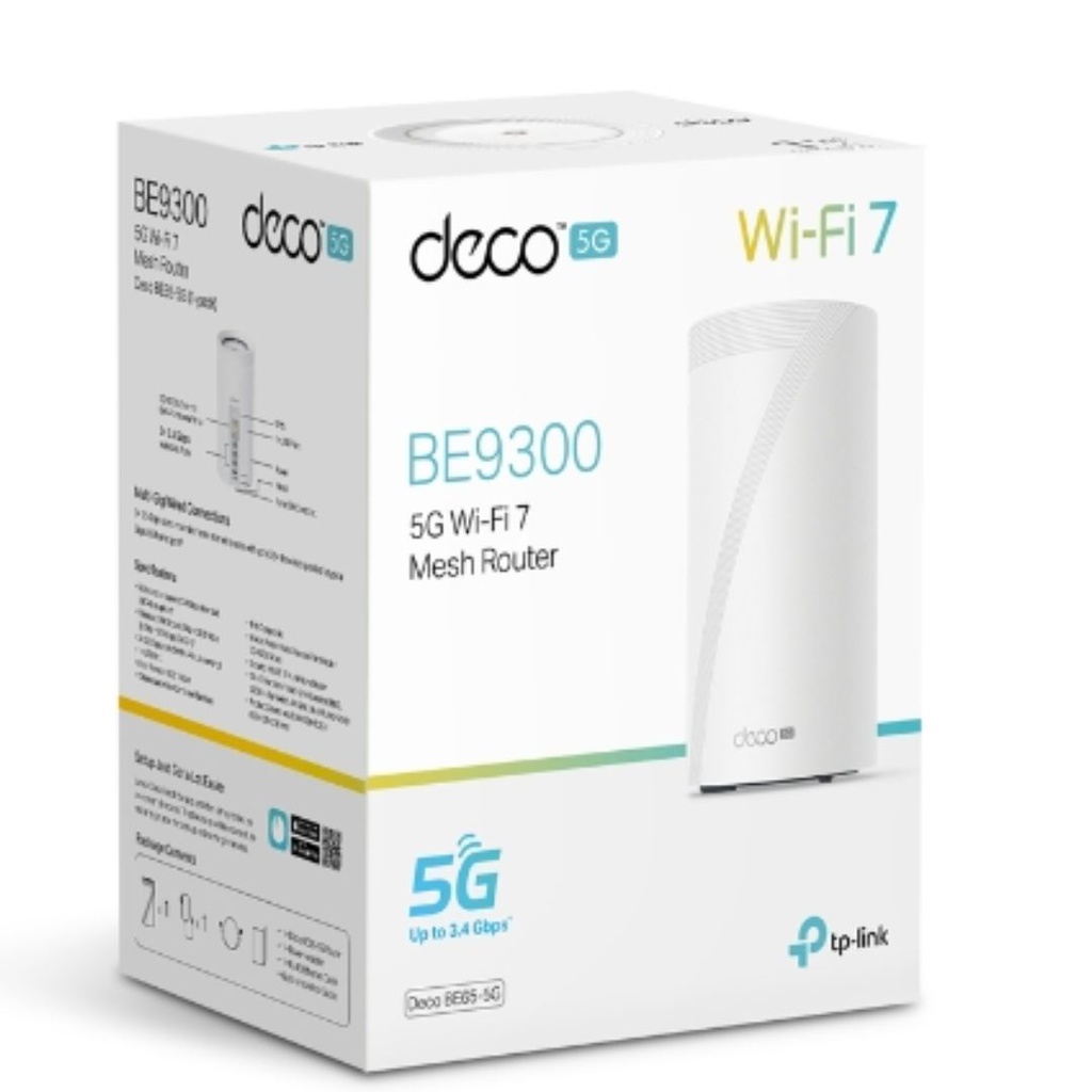 4895252505160 TP-Link Deco BE65-5G(1-pack) 5G BE9300 Tri-Band Whole Home Mesh Wi-Fi 7 Gateway (WIFI7)  574 Mbps at 2.4 GHz + 2880 Mbps at 5 GHz + 5760 Mbps at 6 GHz