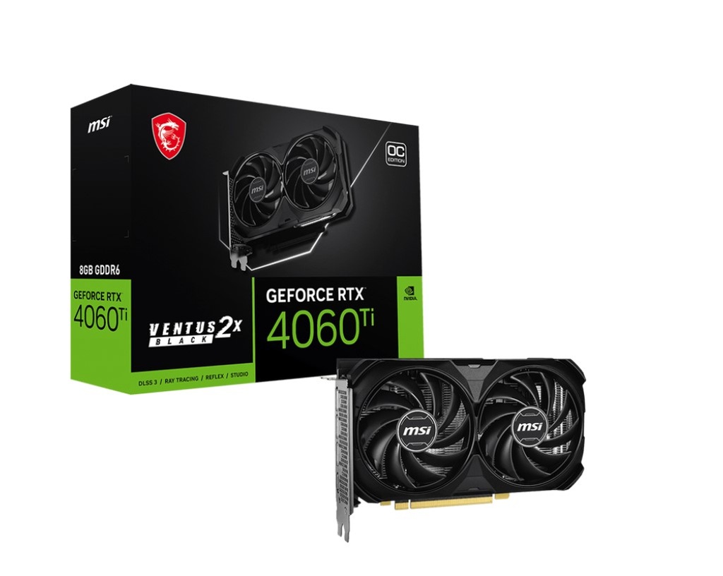 4711377216166 MSI nVidia GeForce RTX™ 4060 Ti 8G VENTUS 2X BLACK E1 OC Video Card  2580 MHz Boost Clock, 8GB GDDR6,DisplayPort x 3 (v1.4a),HDMI x 1
