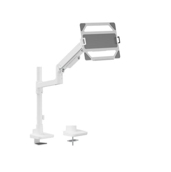 6956745179539 Brateck LDT81-C012P-ML-W POLE-MOUNTED HEAVY-DUTY GAS SPRING MONITOR ARM WITH LAPTOP HOLDER For most 17"~49" Monitors, Fine Texture White (LS)