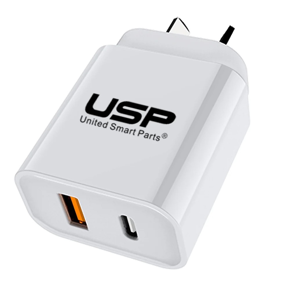 6976552041751 USP 20W Dual Port (20W USB-C PD + 18W USB-A QC3.0) Fast Wall Charger White - Safe Charge,Charge 2 Devices Simultaneously,Short-Circuit Protection