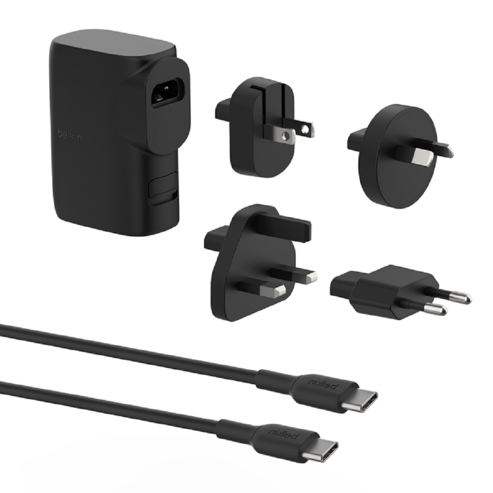 745883864973 Belkin BoostCharge Hybrid Dual Port Wall Charger 25W + Power Bank 5K + Travel Adapter Kit - Black (BPZ003bt1MBK-B6),1x USB-C and 1x USB-A,Travel Ready