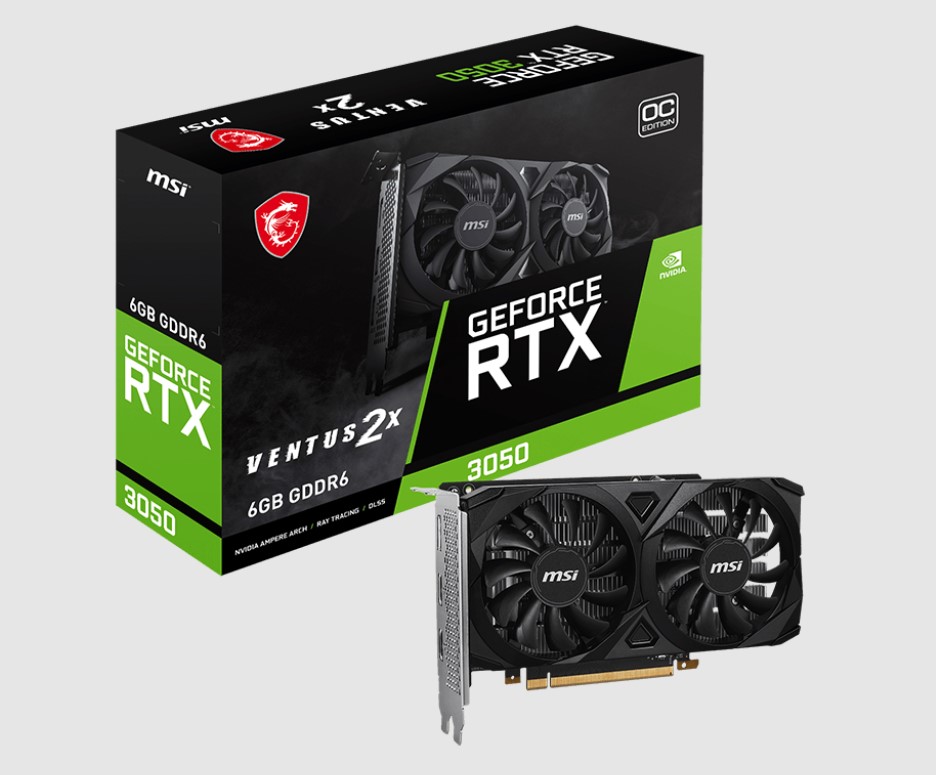 4711377176811 MSI nVidia Geforce RTX 3050 VENTUS 2X 6G OC Video Card, Boost: 1492 MHz, CUDA 2304 Units, 6GB GDDR6, HDMI™ x 2