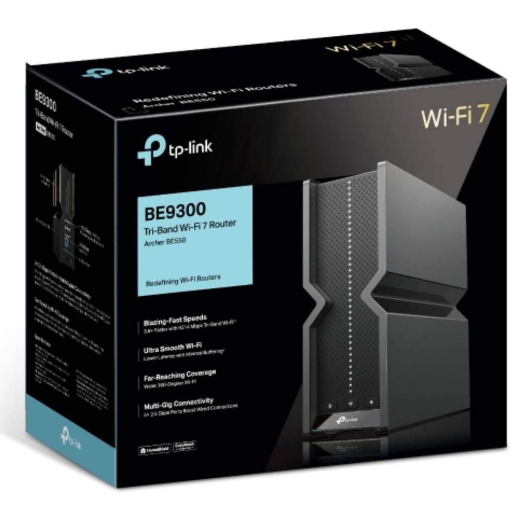 4895252500141 TP-Link Archer BE550 BE9300 Tri-Band Wi-Fi 7 Router (WIFI7) 574 Mbps at 2.4 GHz + 2880 Mbps at 5 GHz + 5760 Mbps at 6 , 6× Internal Antennas, 1.5 GHz