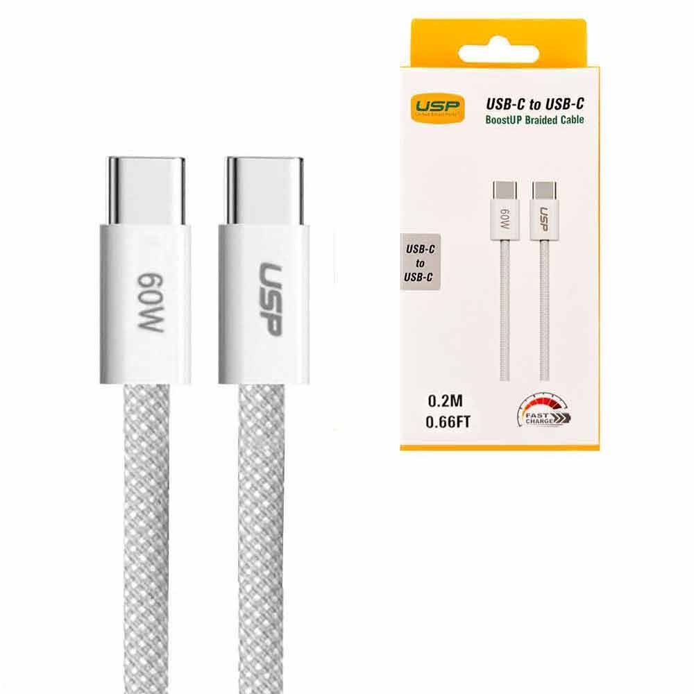 6976552041485 USP Braided USB-C to USB-C PD 60W High Density Fast Charge Cable (20cm) White - 3A Fast  Safe Charge,Strong  Durable,Samsung Galaxy,Apple iPhone