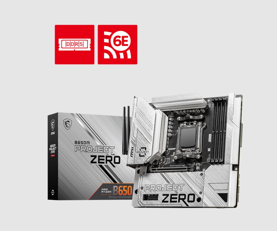 [4711377126649] MSI B650M PROJECT ZERO Motherboard, AMD B650, 4x DDR5 128GB, 1x HDMI, 2x M.2, USB 3.2 Type A  x9