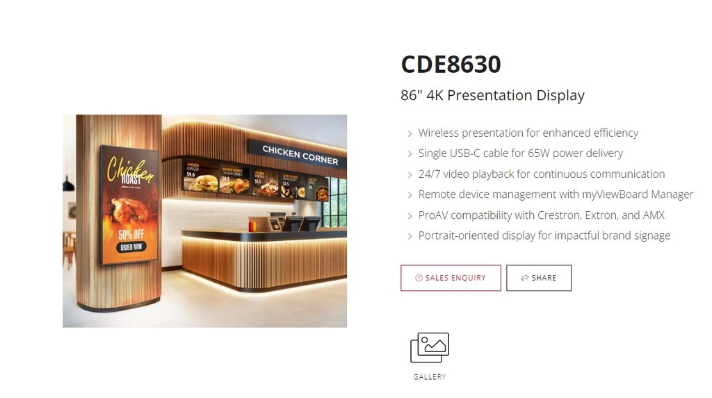 CDE8630 Viewsonic 86" 4K Commercial Display  with built-in Viewboard cast.  Wireless Display Miracast 3 Years Advance Replacement