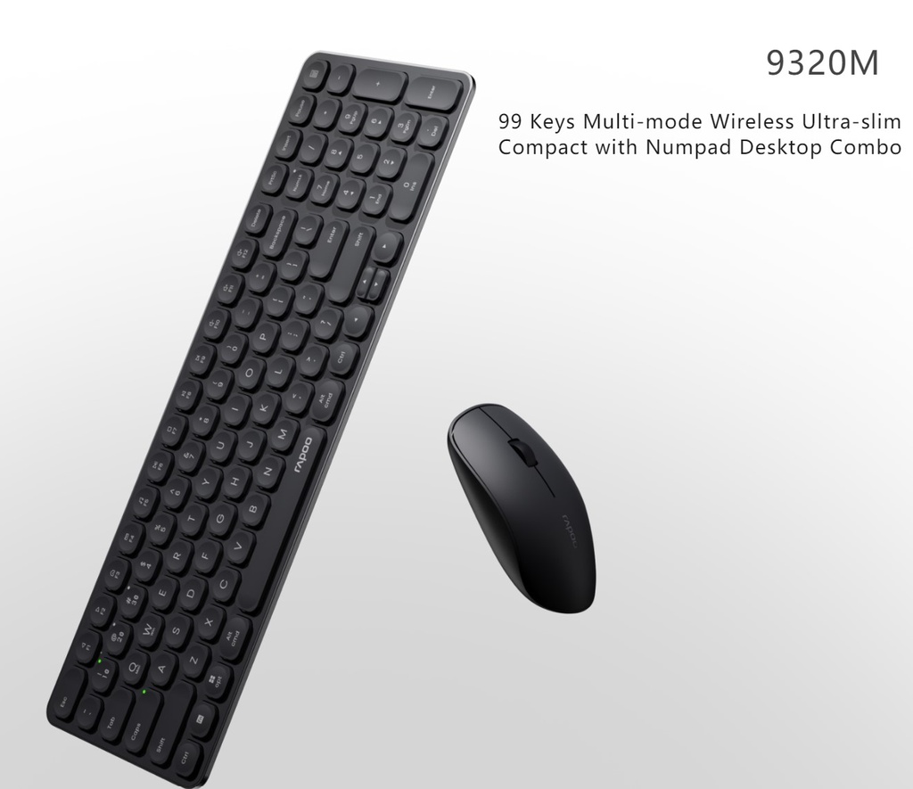 [6940056128379] RAPOO 9320M Bluetooth 4.0, 5.0 + 2.4G  Wireless Multi-mode Keyboard Mouse Combo, Aluminum Base, 2400 DPI, 10M Range, Compact Black Retail Pack