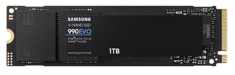 8806095300276 Samsung 990 EVO 1TB PCIe Gen4/5 NVMe SSD 5000MB/s 4200MB/s R/W 680K/800K IOPS 600TBW 1.5M hrs V-NAND TLC AES 256-bit Encryption 5yr wty