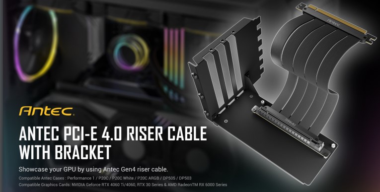 761345700009 Antec Adjustable Vertical Bracket with 200mm High Performance PCI-E Riser Cable. New 2024. Black Universal Case support