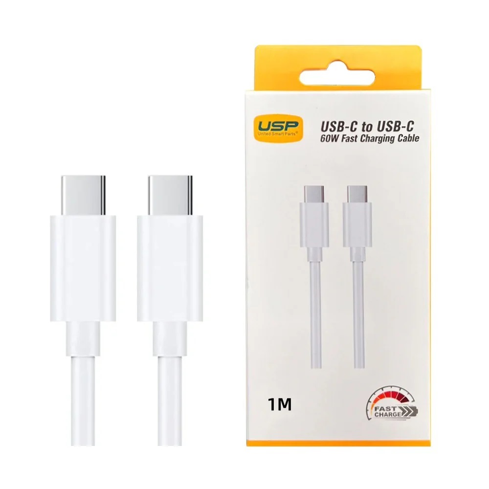 6972475750596 USP USB-C to USB-C 60W Mini Cable (1M) White - 3A , Fast Charge, High Performance, Durable, 8K Bend, Samsung Galaxy,Apple iPhone,iPad,MacBook,Google