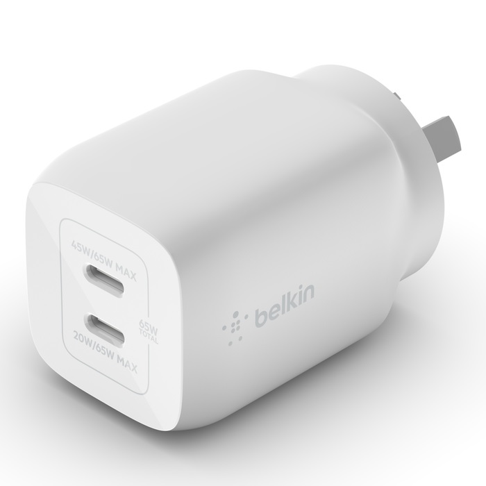 745883840595 Belkin BoostCharge Pro Dual USB-C GaN Wall/Laptop Charger with PPS 65W - White(WCH013auWH),1*USB-C(45-65W),1*USB-C(20-65W),Compact,Fast  Travel Ready