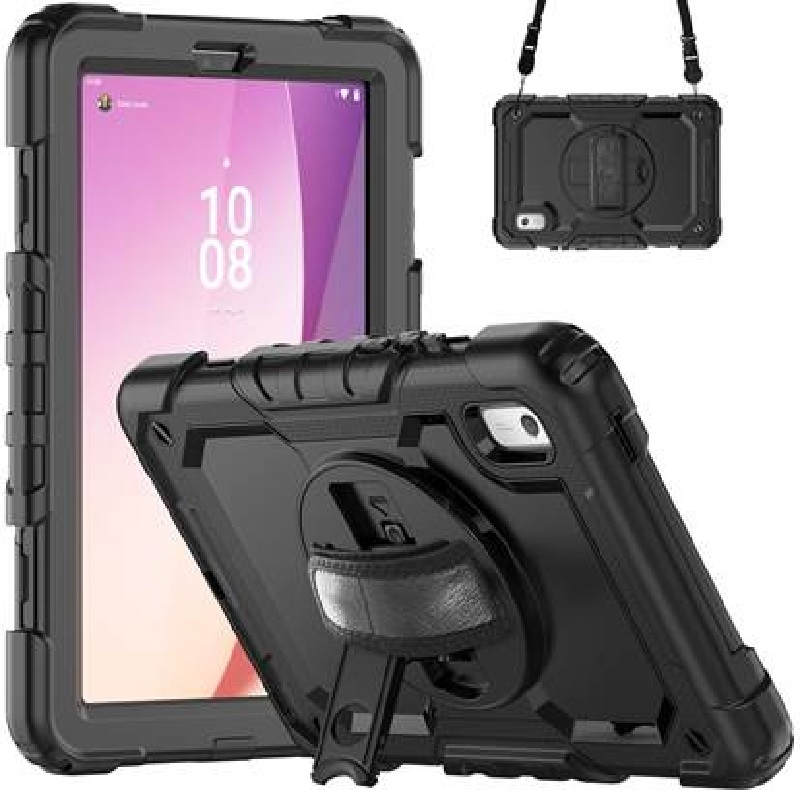 HDTLM19 Generic Rugged Lenovo Tab M9 (9") Case + Screen Protector Black - Built-in-Kickstand, Adjustable Hand Strap, Shoulder Strap