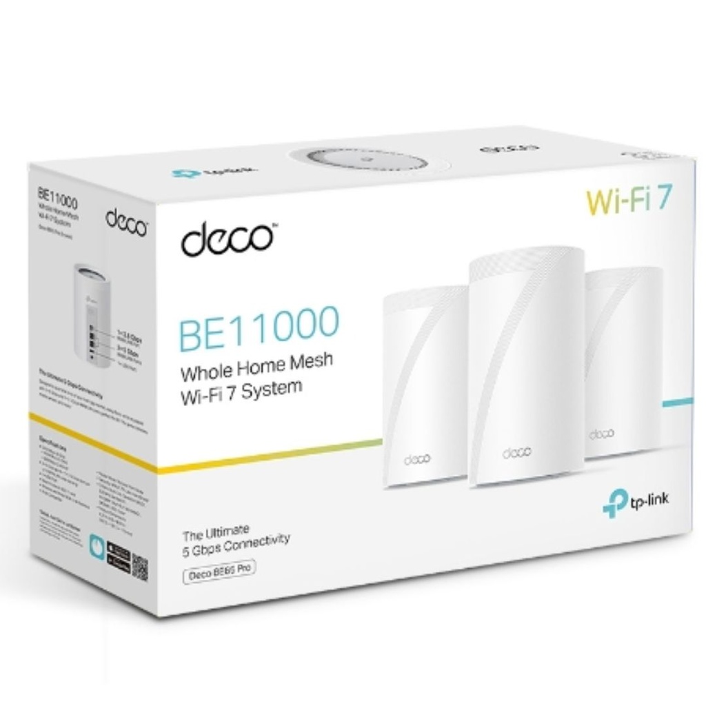 8885020621679 TP-Link Deco BE65 Pro(3-pack) BE11000 Whole Home Mesh WiFi 7 System, 688 Mbps at 2.4 GHz + 4320 Mbps at 5 GHz + 5760 Mbps at 6 GHz
