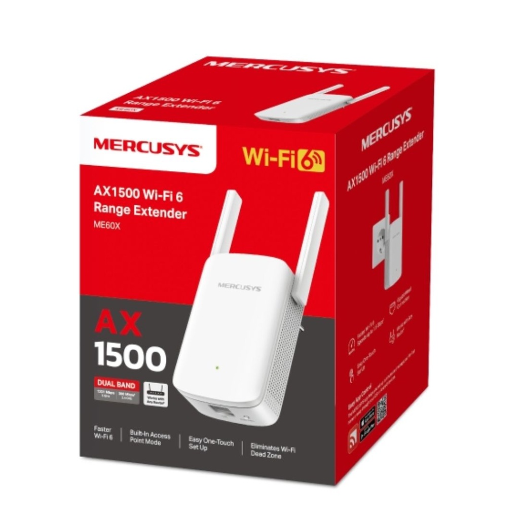 6957939002091 Mercusys ME60X AX1500 Wi-Fi 6 Range Extender, Dual Band Speeds up to 1500Mbps, 300Mbps@2.4 GHz, 1201Mbps@ 5 GHz