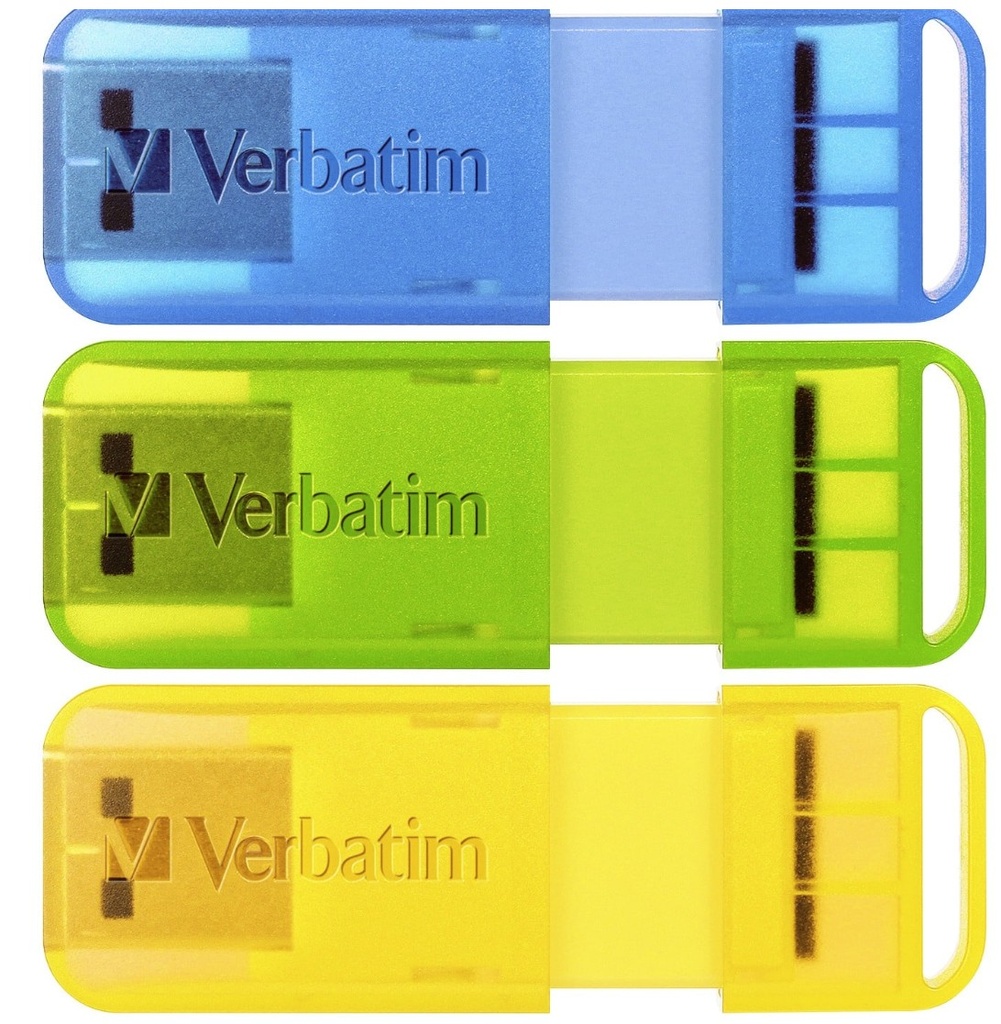 4895117967614 Verbatim Pop-Up 32GB USB 2.0 Triple Pack - Assorted Bright Colours, Blue, Green, Yellow