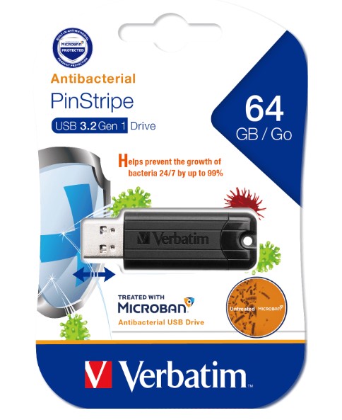 4895117967768 Verbatim 64GB Antibacterial Pinstripe USB 3.0 Drive (with Microban®) Black