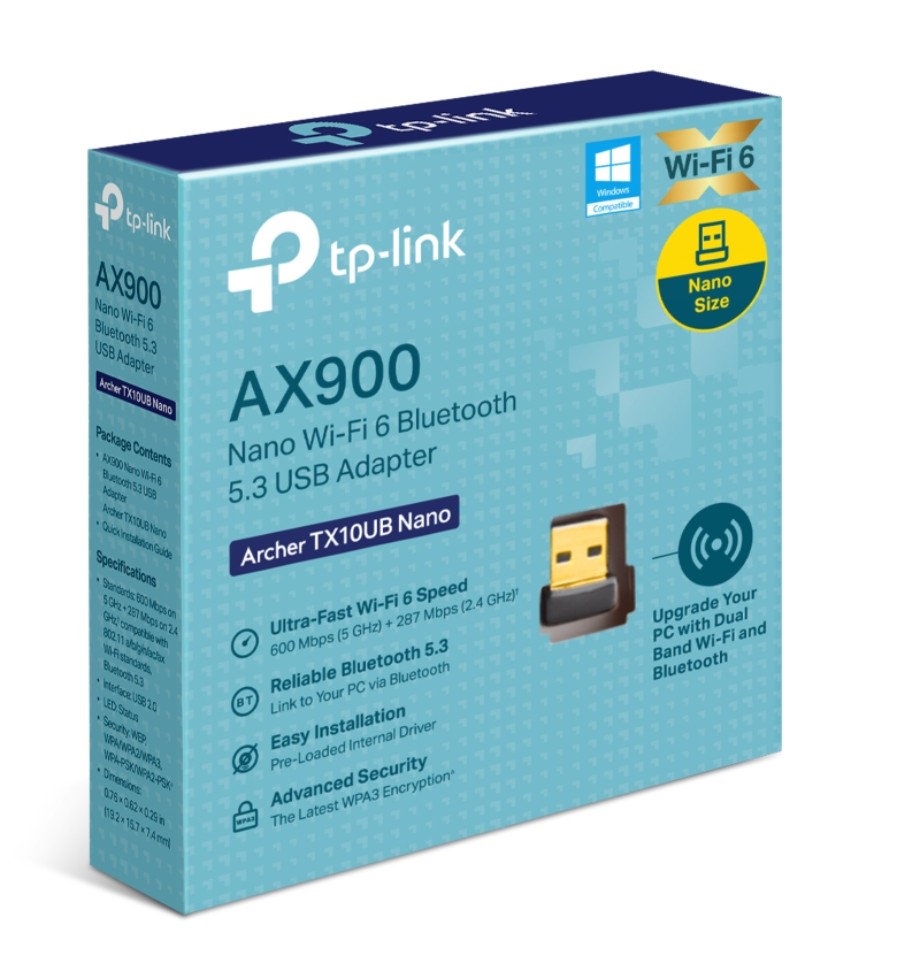 8885020624526 TP-Link Archer TX10UB Nano AX900 Nano Wi-Fi 6 Bluetooth 5.3 USB Adapter,  600 Mbps at 5 GHz + 287 Mbps at 2.4 GHz ,  Internal Antennas, USB 2.0