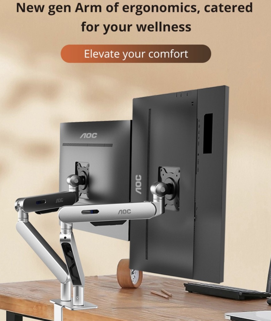 4038986631396 AOC AM420S Dual Mount Sliver 2-9kg per Arm, 17-34" VESA 75 and 100. Clamp and Grommet mount, Mechanical Spring, Monitor Arm