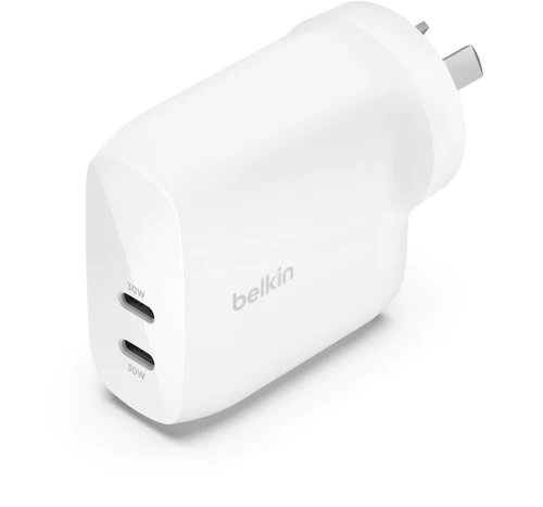 Belkin BoostCharge Pro Dual USB-C Wall Charger with PPS 60W - White (WCB010auWH), 2XUSB-C (PD 3.1)(30W),Compact  Travel Ready,Fast Charger,Laptop,2YR