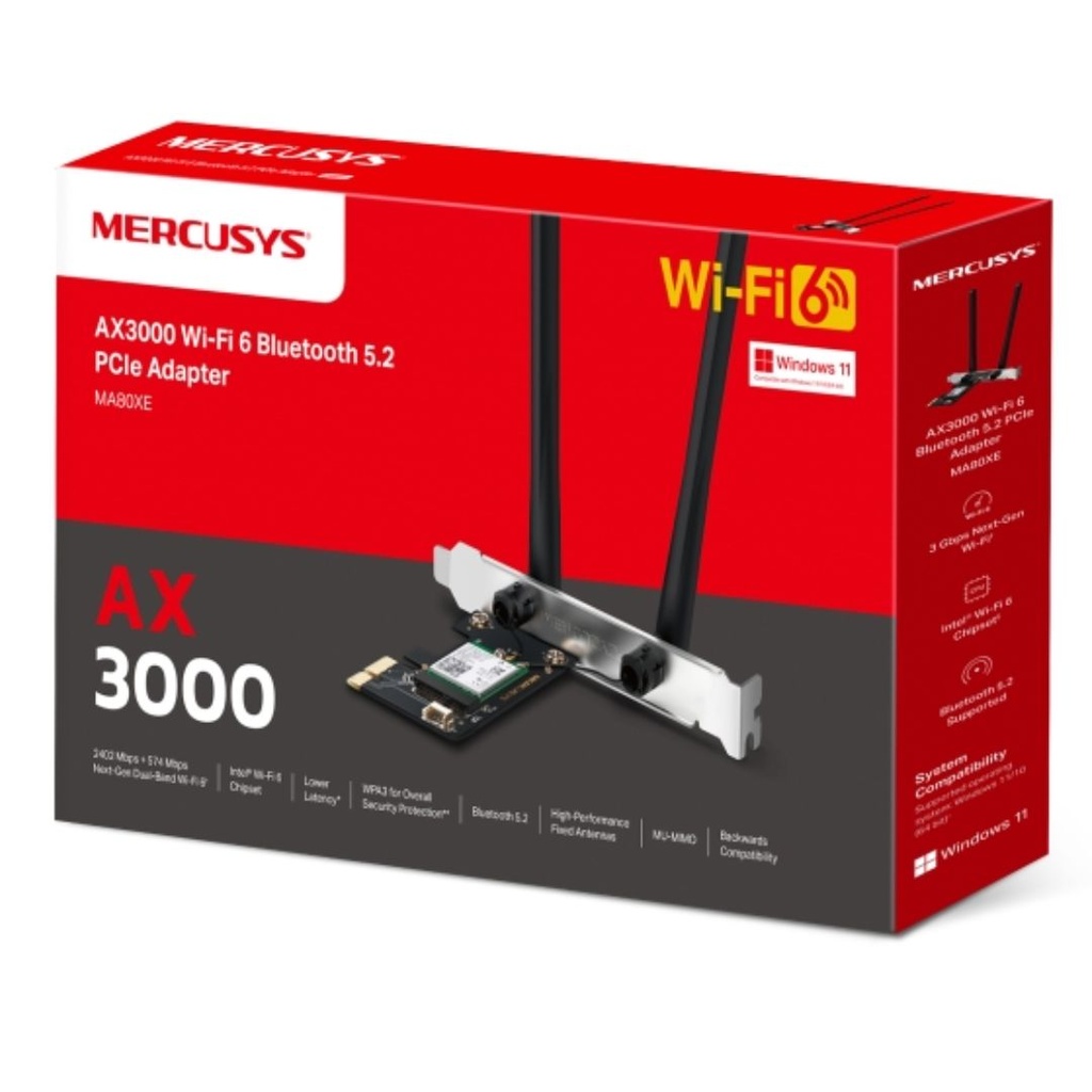 6957939000844 Mercusys MA80XE AX3000 Wi-Fi 6 Bluetooth 5.2 PCIe Adapter, 2402Mbps @5 GHz, 574Mbps @2.4GHz