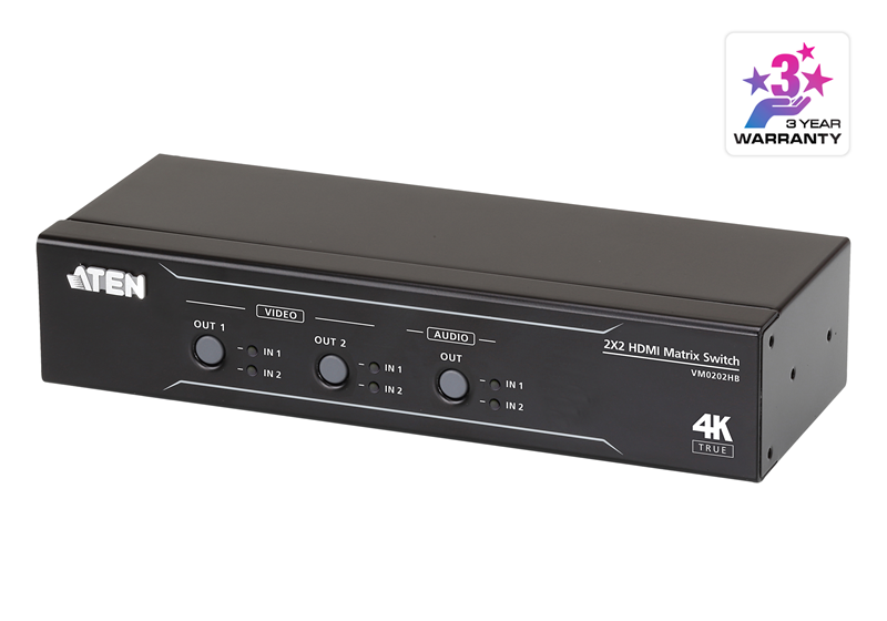 4710469340024 Aten VM0202HB 2x2 True 4K HDMI Matrix Switch with audio de-embedder, supports control via pushbuttons, IR remote or RS232 serial, Auto Switching