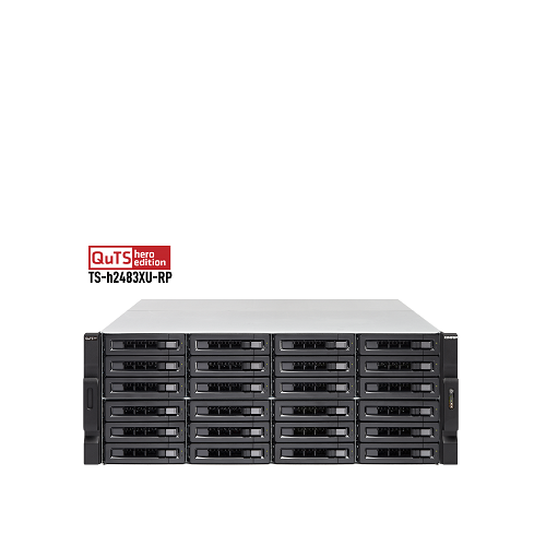 TS-H2483XU-RP-E2136-128G 24-Bay 4U rackmount NAS, Intel Xeon E-2136 6 cores / 12 threads 3.3 GHz processor (up to 4.5 GHz), 128 GB ECC DDR4, 24 x 2.5"/3.5" SATA 6Gbps HDD/SSD