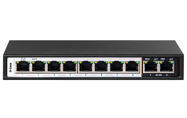 DES-F1010P-E 10-Port 10/100Mbps PoE Switch with 8 Long Reach PoE Ports and 2 Uplink Ports. PoE budget 96W